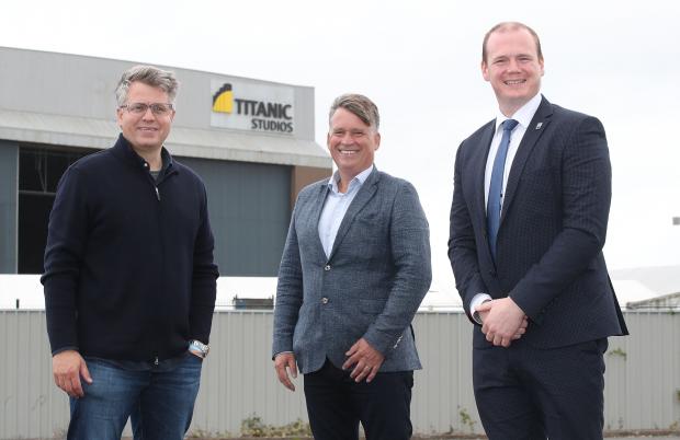 Economy Minister Gordon Lyons (right) visited Titanic Studios where he met (from left) the film’s producer, Jeremy Latcham and NI Screen Chief Executive, Richard Williams.